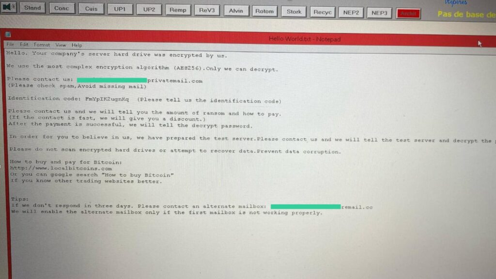 Un message de ransomware reçu par une entreprise. // Source : Nomios Un message de ransomware reçu par une entreprise. // Source : Nomios