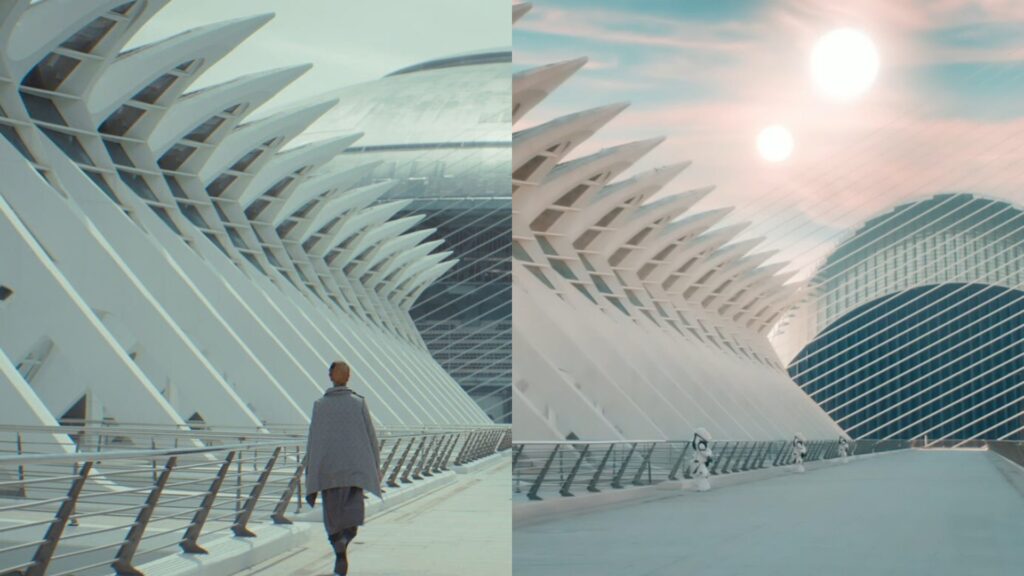 La Cité des sciences de Valence dans Andor, à gauche, dans Doctor Who, à droite. // Source : Disney+/BBC La Cité des sciences de Valence dans Andor, à gauche, dans Doctor Who, à droite. // Source : Disney+/BBC