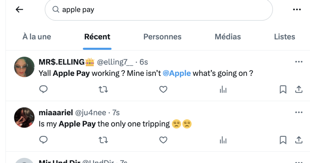 Des utilisateurs d'Apple Pay se plaignent sur X Des utilisateurs d'Apple Pay se plaignent sur X