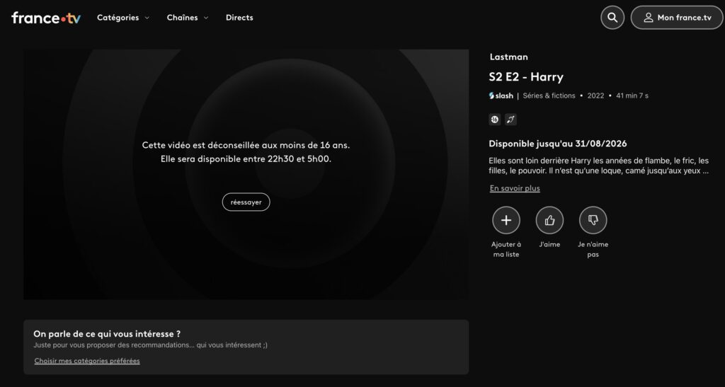 La série Lastman n'est pas disponible la journée sur France.tv // Source : Léo - TechMaker via X La série Lastman n'est pas disponible la journée sur France.tv // Source : Léo - TechMaker via X