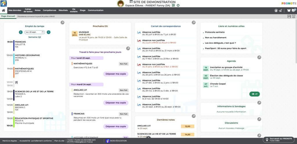 L'interface de Pronote // Source : Capture Numerama L'interface de Pronote // Source : Capture Numerama