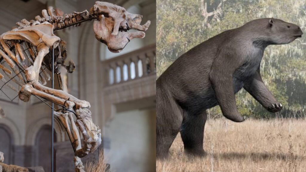 À gauche : un squelette de Megatherium. À droite : illustration de ce à quoi il pouvait ressembler de son vivant. // Source : Gauche : Florida Museum. Droite : Nobu Tamura (CC BY-SA 4.0). À gauche : un squelette de Megatherium. À droite : illustration de ce à quoi il pouvait ressembler de son vivant. // Source : Gauche : Florida Museum. Droite : Nobu Tamura (CC BY-SA 4.0).