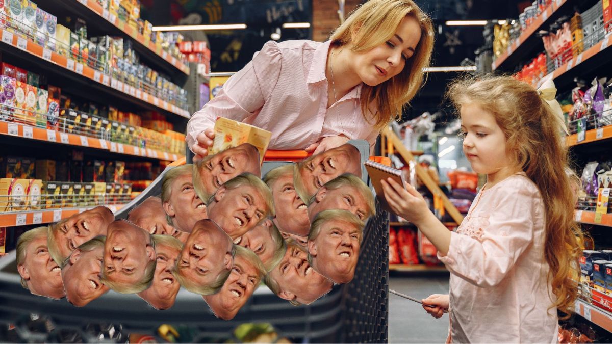 Des têtes de Trump dans un caddie de supermarché // Source : Montage Numerama