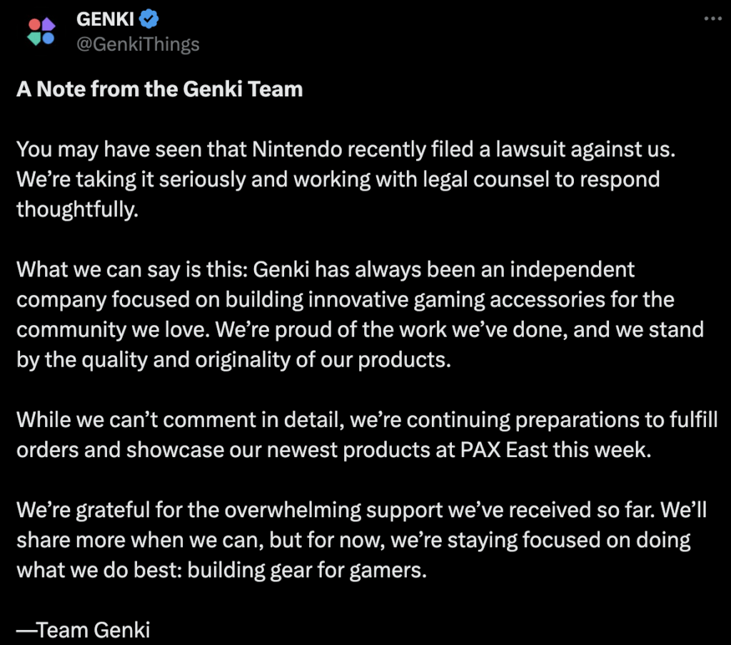 La réaction officielle de Genki à la plainte de Nintendo.