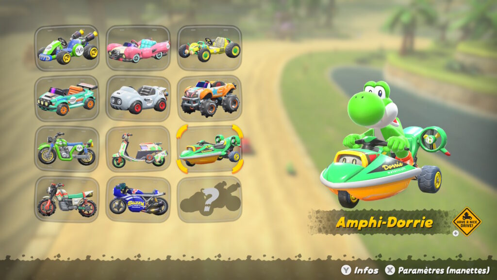 Le menu de sélection du kart, avec les paramètres en bas à droite.