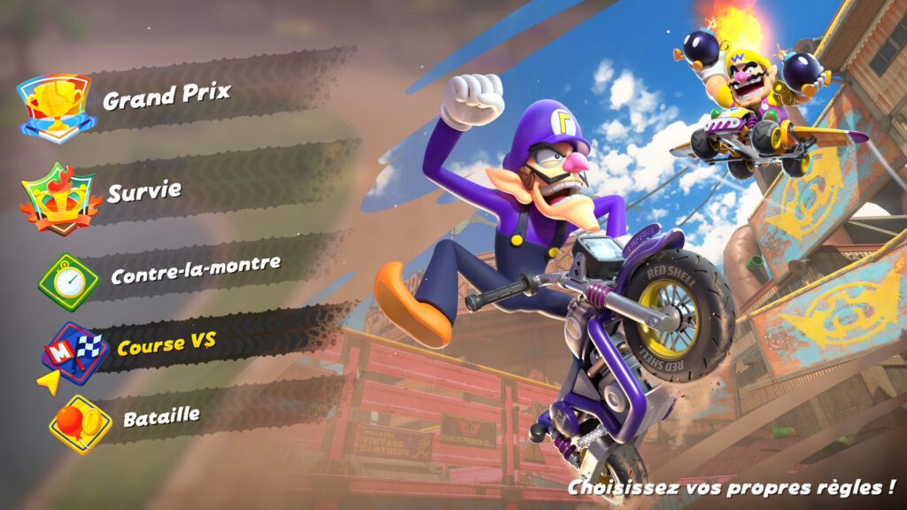 Course VS sur l'écran de sélection de Mario Kart World. Course VS sur l'écran de sélection de Mario Kart World.
