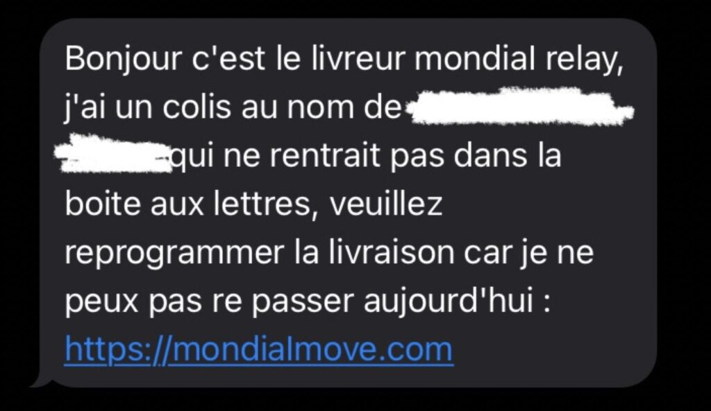 Exemple de SMS envoyé lors de la campagne de Phishing Mondial Relay // Source : Capture Numerama Exemple de SMS envoyé lors de la campagne de Phishing Mondial Relay // Source : Capture Numerama