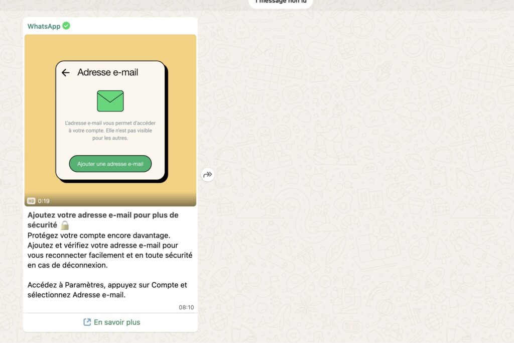 Le nouveau message envoyé par WhatsApp sur WhatsApp // Source : Numerama Le nouveau message envoyé par WhatsApp sur WhatsApp // Source : Numerama