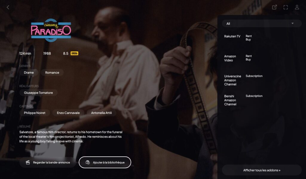 La fiche d'un film sur l'application Stremio // Source : Capture Numerama