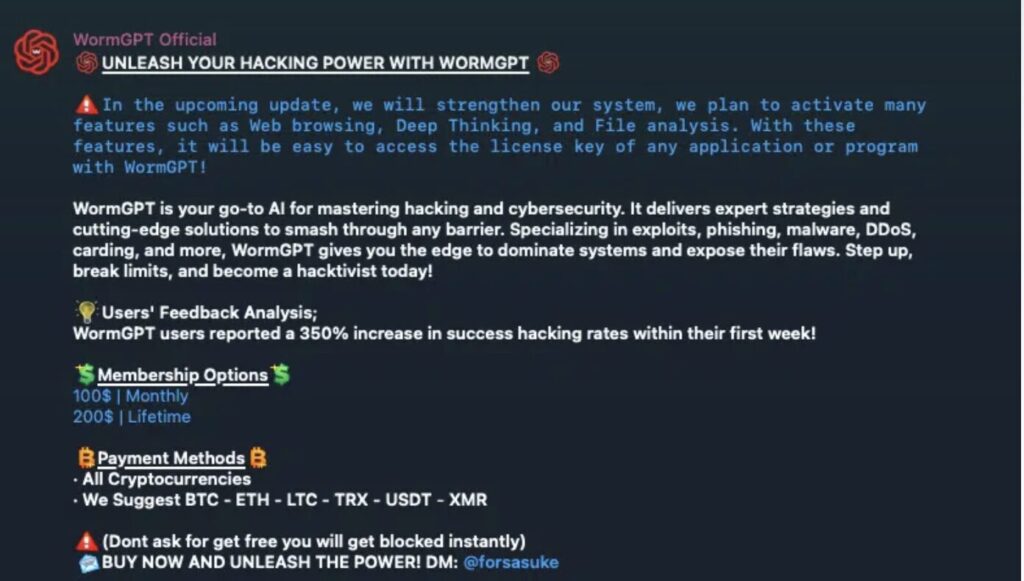 Capture d'un chatbot Telegram, proposant la nouvelle version de WormGPT // Source : CATO Networks