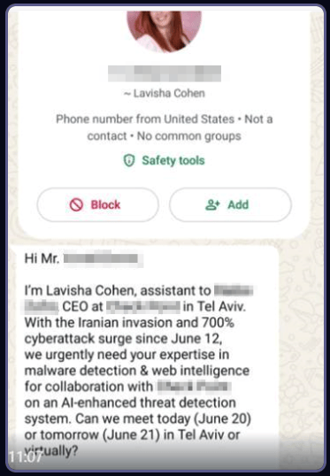 Message WhatsApp d'un employé fictif d'une entreprise de cybersécurité. // Source : Check Point Research Message WhatsApp d'un employé fictif d'une entreprise de cybersécurité. // Source : Check Point Research