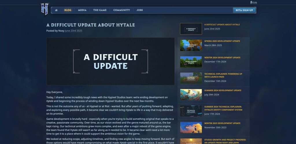 Hypixel Studios met fin au développement de Hytale // Source : Capture Numerama Hypixel Studios met fin au développement de Hytale // Source : Capture Numerama