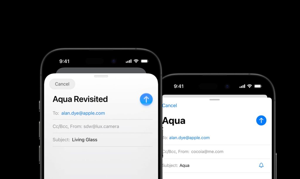 Le mail imaginé par le designer à gauche, celui d'iOS 18 à droite.