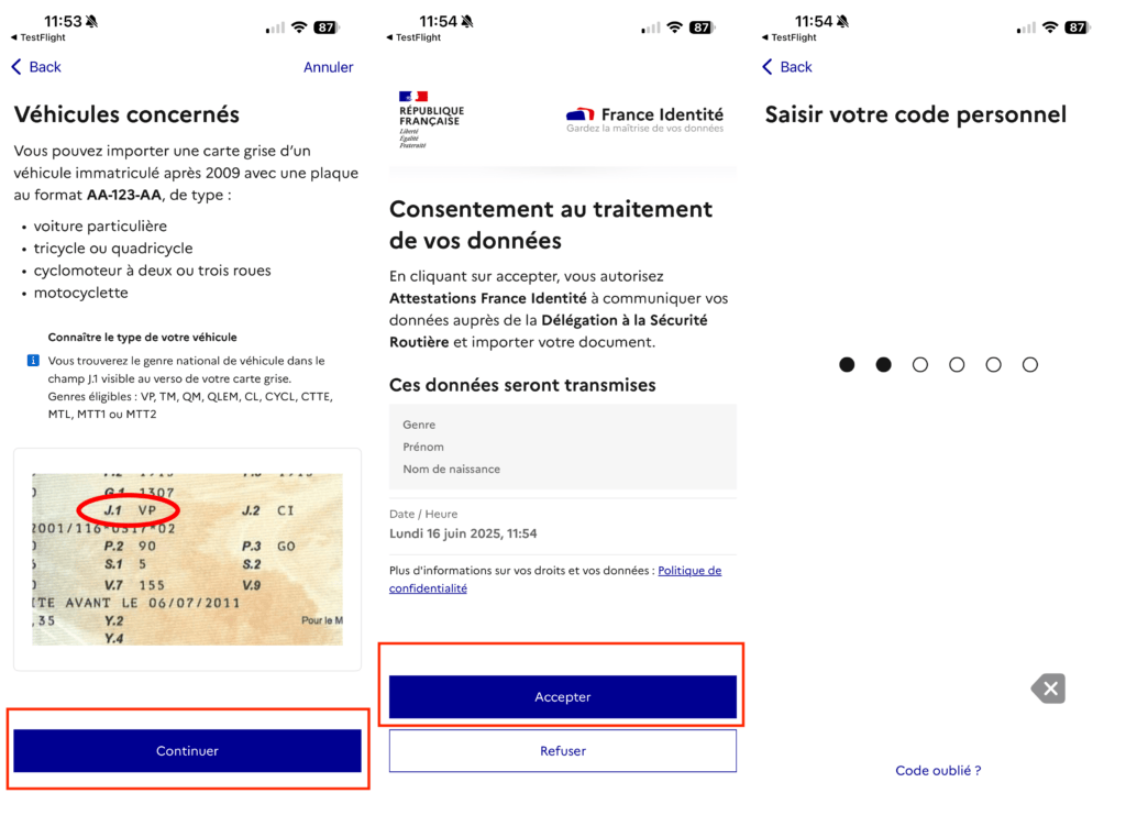 Dans cette étape, France Identité vous demande des numéros écrits sur votre carte grise. Dans cette étape, France Identité vous demande des numéros écrits sur votre carte grise.