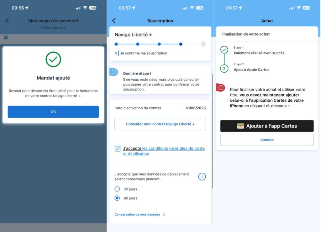 Les dernières étapes de création d'un passe Navigo Liberté+ sur iPhone. Les dernières étapes de création d'un passe Navigo Liberté+ sur iPhone.