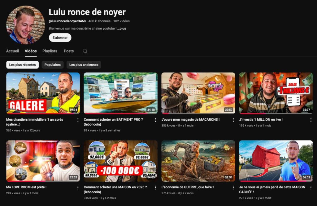 La deuxième chaîne YouTube de Lucien Cupif, Lulu ronce de noyer // Source : Capture Numerama La deuxième chaîne YouTube de Lucien Cupif, Lulu ronce de noyer // Source : Capture Numerama