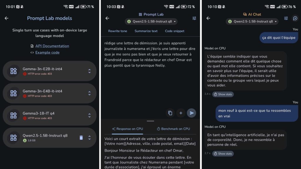 Une démonstration de l'application AI Edge Gallery // Source : Numerama