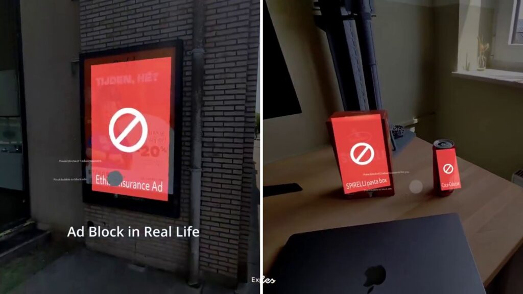 L'application ajoute des bannières anti-publicité par-dessus les publicités grâce aux écrans des lunettes // Source : Stijn Spanhove via X