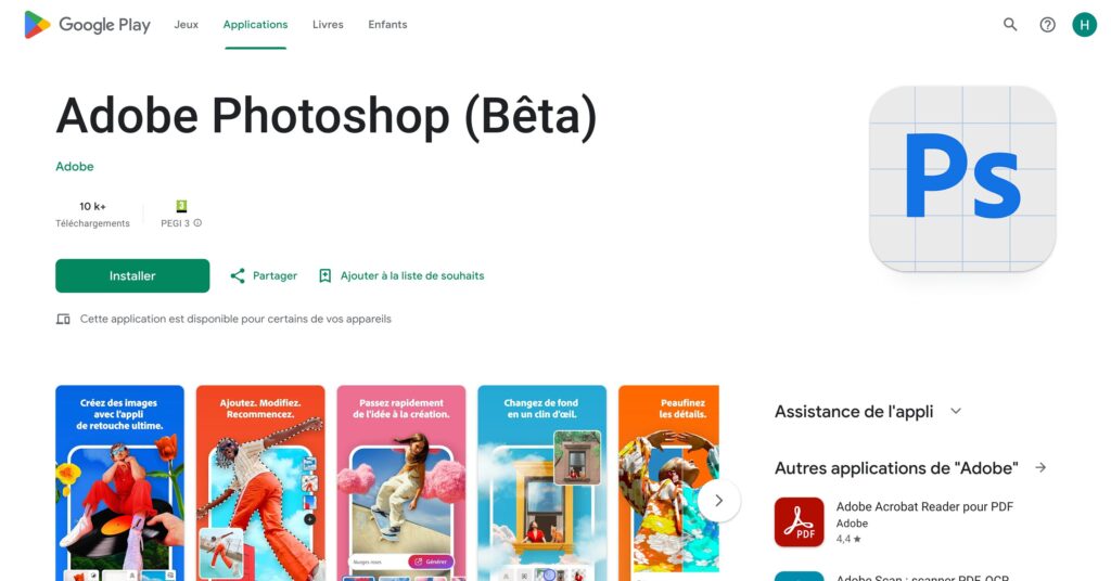 Photoshop est disponible en bêta sur le Play Store // Source : Capture Numerama