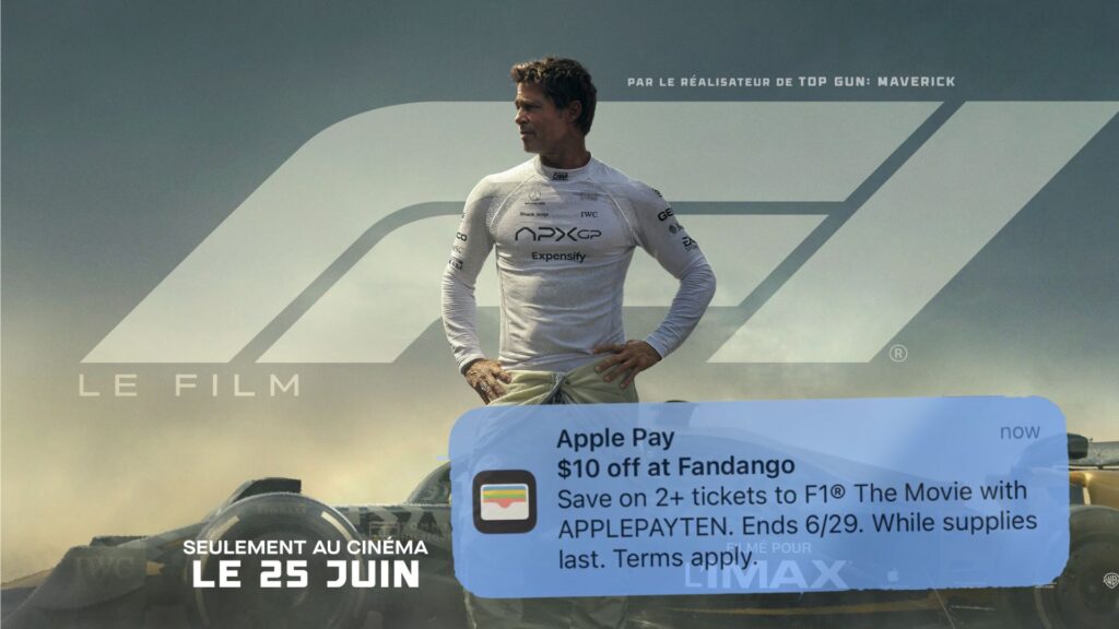 Le film F1 et la pub Apple Pay. // Source : Numerama