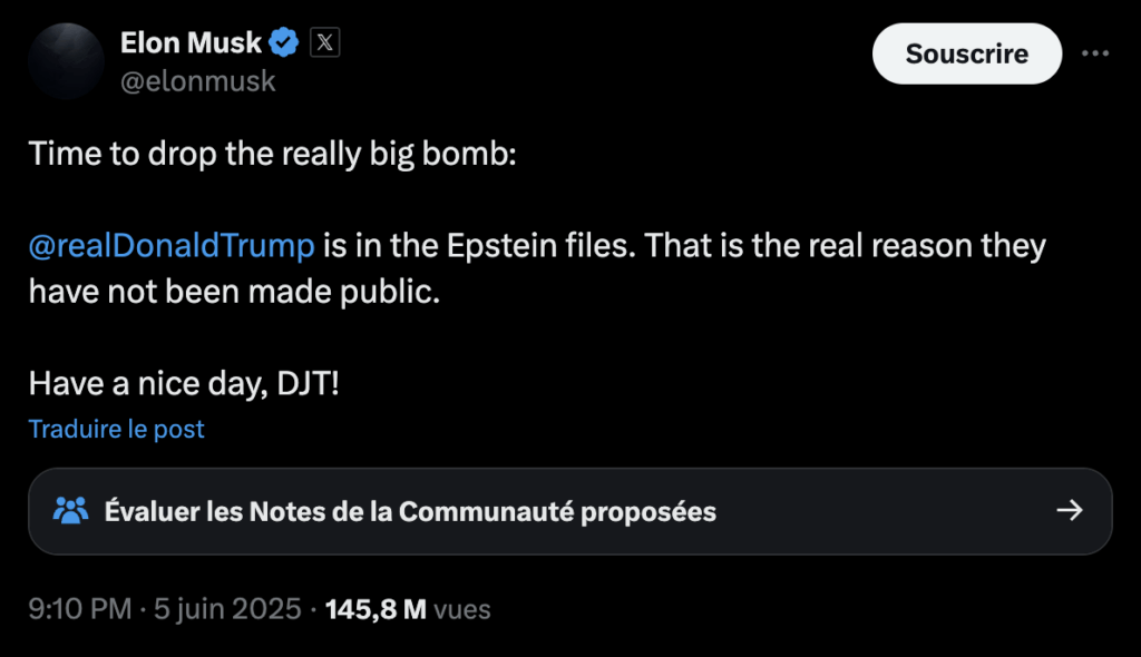Elon Musk affirme que Donald Trump est complice de Jeffrey Epstein.