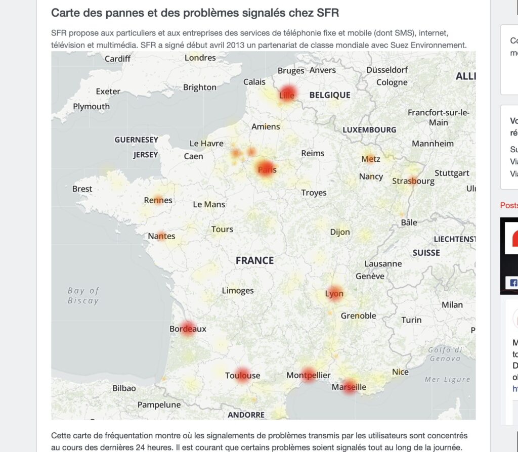 La carte des pannes SFR sur DownDetector. La carte des pannes SFR sur DownDetector.