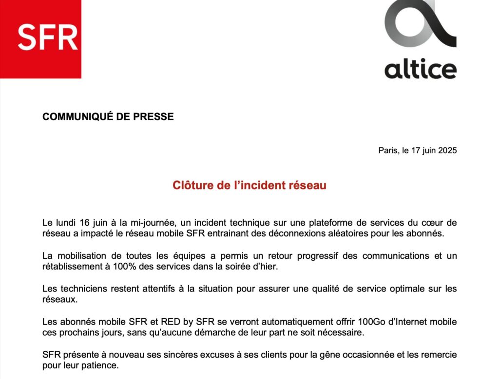 Le communiqué de SFR sur la panne du 16 juin