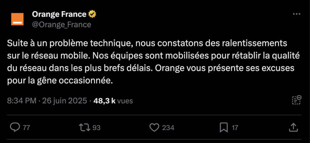 Orange a confirmé la panne à 20h30. Orange a confirmé la panne à 20h30.