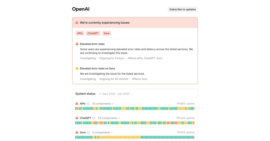 La page de statut d'OpenAI reconnaît des problèmes avec ChatGPT et Sora // Source : Capture Numerama La page de statut d'OpenAI reconnaît des problèmes avec ChatGPT et Sora // Source : Capture Numerama