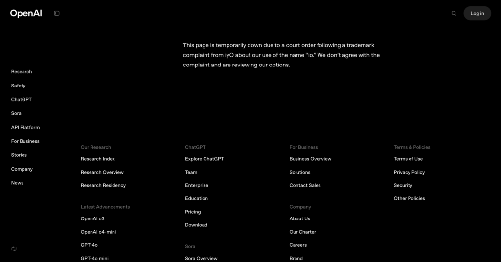 OpenAI a supprimé tous les supports de communication concernant son acquisition d'io // Source : Capture Numerama OpenAI a supprimé tous les supports de communication concernant son acquisition d'io // Source : Capture Numerama