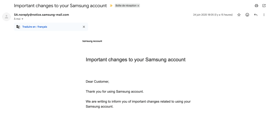Le mail que vous a probablement envoyé Samsung // Source : Capture Numerama Le mail que vous a probablement envoyé Samsung // Source : Capture Numerama