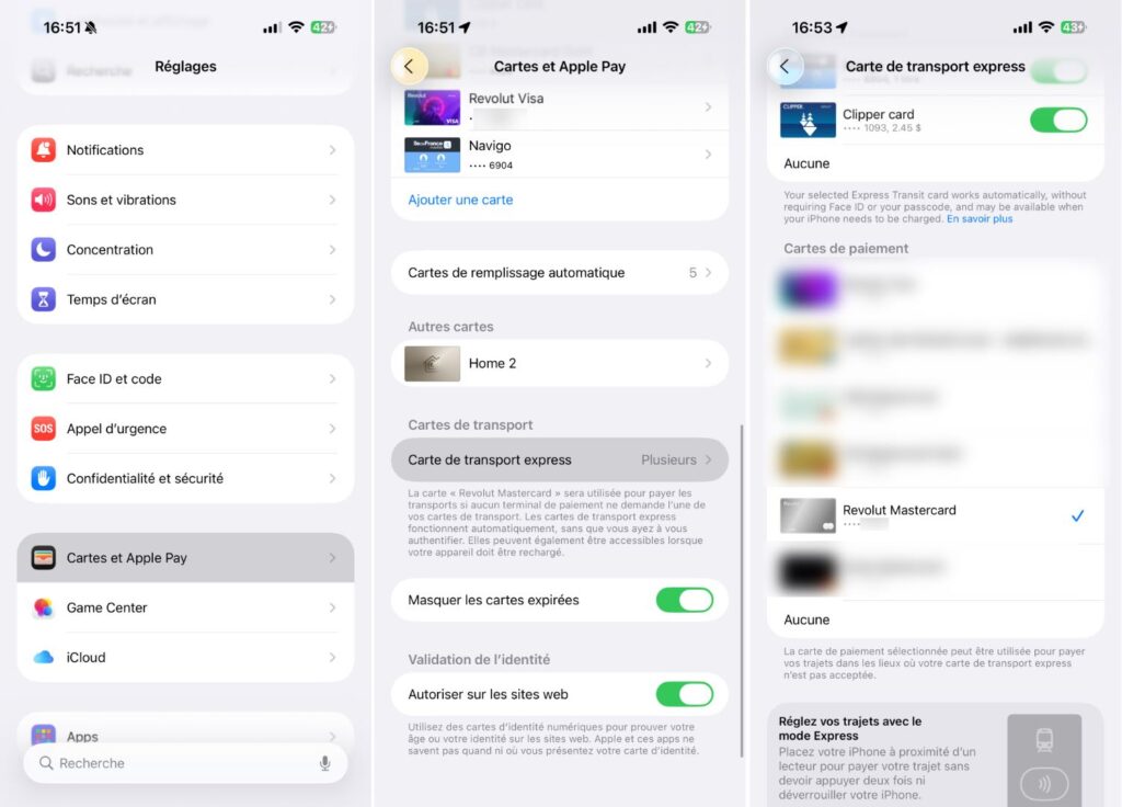 L'activation du mode Transport Express sur iPhone.