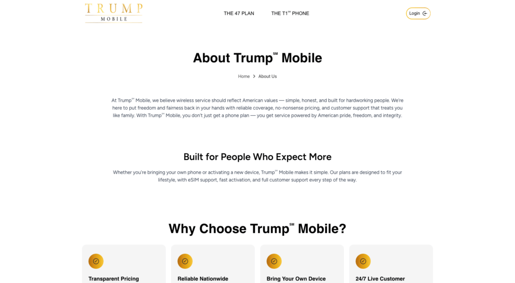 Trump Mobile revendique son patriotisme et son rattachement au MAGA // Source : Capture Numerama Trump Mobile revendique son patriotisme et son rattachement au MAGA // Source : Capture Numerama