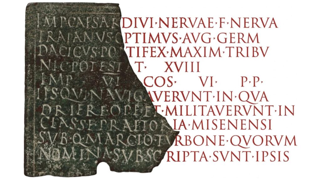 Fragment d'un diplôme militaire en bronze de Sardaigne, délivré par l'empereur Trajan à un marin sur un navire de guerre // Source : 113/14 CE (CIL XVI, 60, The Metropolitan Museum of Art, Public Domain) Fragment d'un diplôme militaire en bronze de Sardaigne, délivré par l'empereur Trajan à un marin sur un navire de guerre // Source : 113/14 CE (CIL XVI, 60, The Metropolitan Museum of Art, Public Domain)