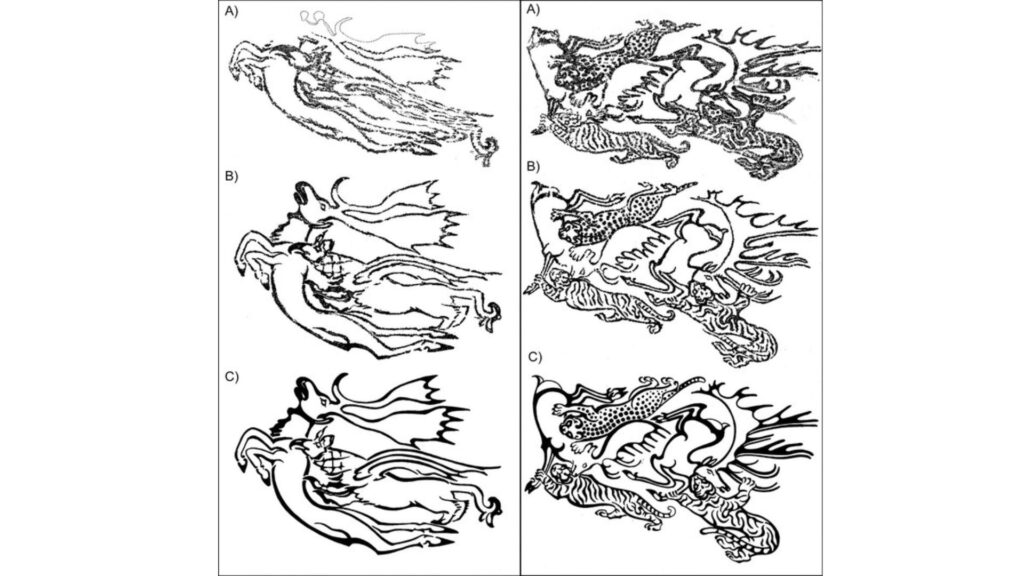 Comparaison entre à gauche, les tatouages de l'avant-bras gauche, moins précis et à droite, les tatouages de l'avant-bras droit. Pour les deux : A) état actuel ; B) plis de peau biaisés et uniformes et compensant le processus de dessiccation, et avec la tête ongulée recréée à partir des scènes de combat des animaux de Pazyryk ; C) rendu artistique idéalisé // Source : illustrations de D. Riday Comparaison entre à gauche, les tatouages de l'avant-bras gauche, moins précis et à droite, les tatouages de l'avant-bras droit. Pour les deux : A) état actuel ; B) plis de peau biaisés et uniformes et compensant le processus de dessiccation, et avec la tête ongulée recréée à partir des scènes de combat des animaux de Pazyryk ; C) rendu artistique idéalisé // Source : illustrations de D. Riday