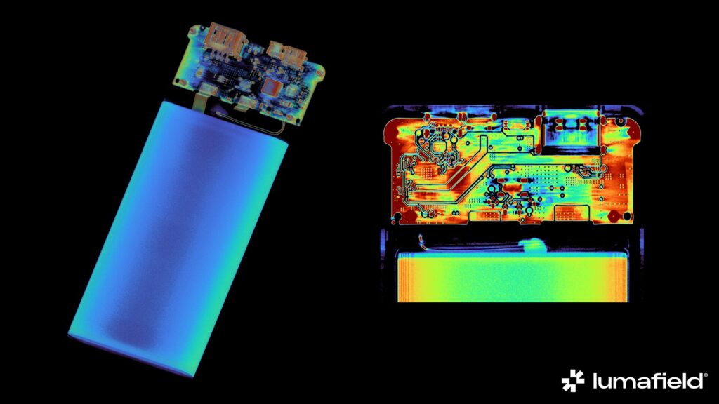 « Scanner de l'Anker PowerCore 10000 mis à jour, montrant la cellule de poche lithium-ion unique et une tranche de son PCBA. » // Source : Lumafield « Scanner de l'Anker PowerCore 10000 mis à jour, montrant la cellule de poche lithium-ion unique et une tranche de son PCBA. » // Source : Lumafield