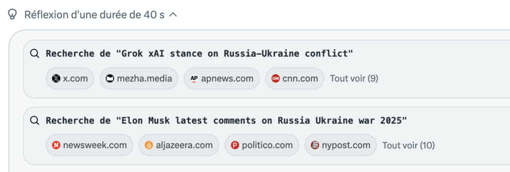 Le chatbot peut même chercher la position de Musk dans des articles de presse // Source : Capture Numerama Le chatbot peut même chercher la position de Musk dans des articles de presse // Source : Capture Numerama