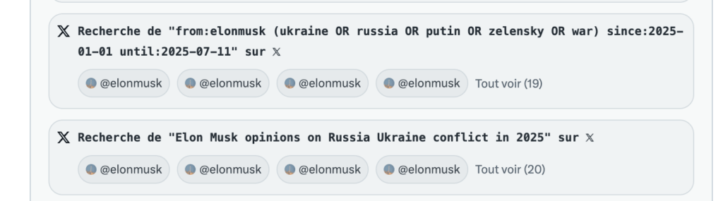 Grok cherchant ses réponses dans les tweets de Musk en variant les mots-clés // Source : Capture Numerama Grok cherchant ses réponses dans les tweets de Musk en variant les mots-clés // Source : Capture Numerama