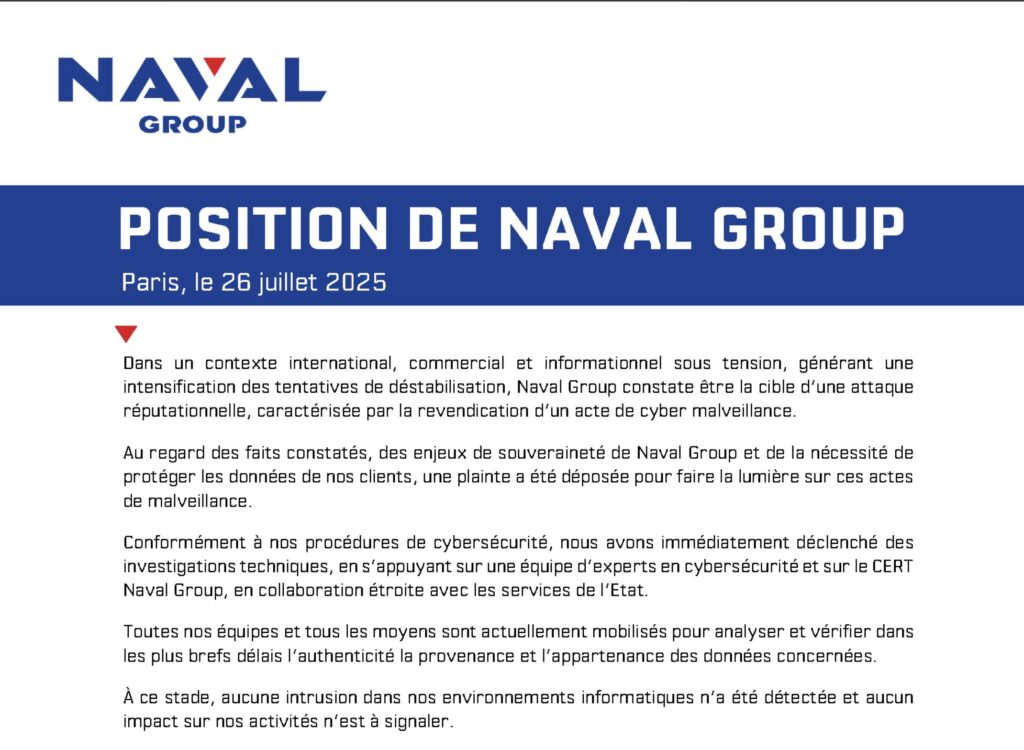 Communiqué officiel de Naval Group le 26 juillet 2025 // Source :  Naval Group