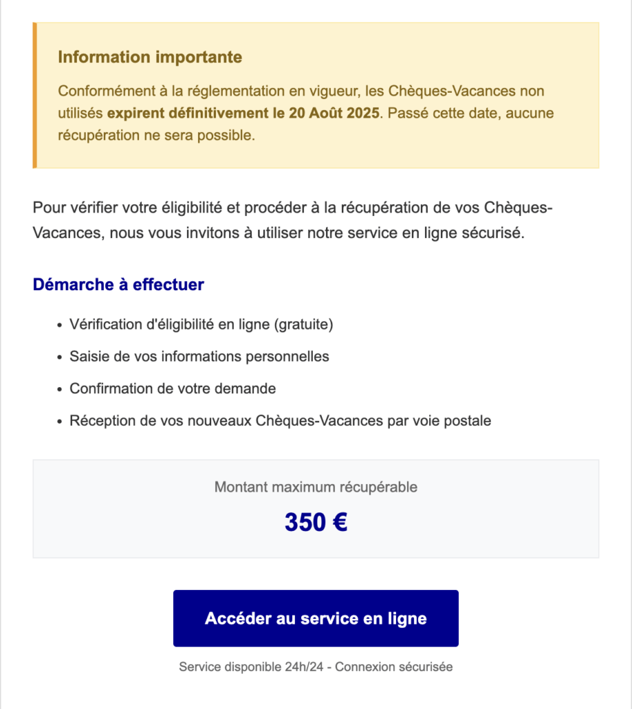 Capture d'un mail frauduleux reçu le 30 juillet 2025 par un journaliste de la rédaction // Source : Numerama Capture d'un mail frauduleux reçu le 30 juillet 2025 par un journaliste de la rédaction // Source : Numerama