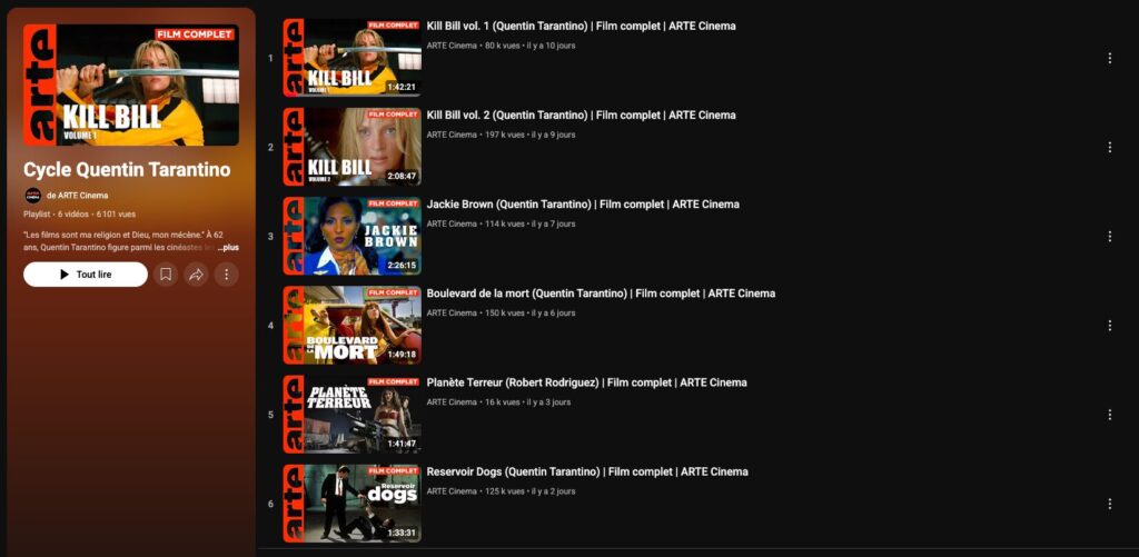 Les films de Tarantino disponibles sur YouTube // Source : Capture Numerama