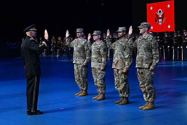 Army Chief of Staff Gen. Randy A. George administers the Oath of Office to four new U.S. Army Lt. Cols. during a Detachment 201: The Army’s Executive Innovation Corps (EIC) commissioning ceremony in Conmy Hall, Joint Base Myer-Henderson Hall, Va., June 13, 2025. The Army’s EIC is an initiative that places top tech executives into uniformed service within the Army Reserve. (U.S. Army photo by Leroy Council)