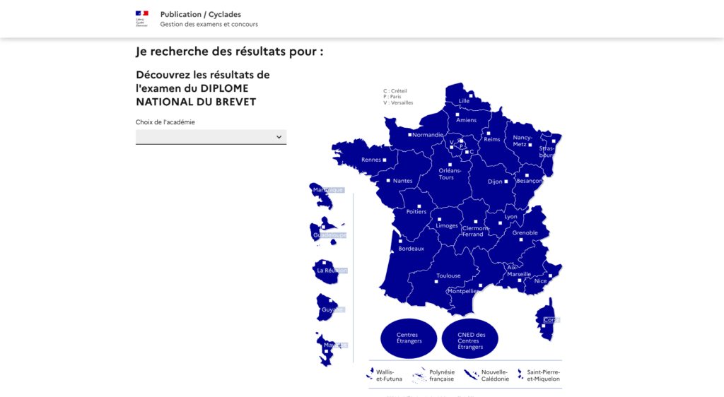 Le site Cyclades pour consulter les résultats du brevet // Source : Capture Numerama Le site Cyclades pour consulter les résultats du brevet // Source : Capture Numerama