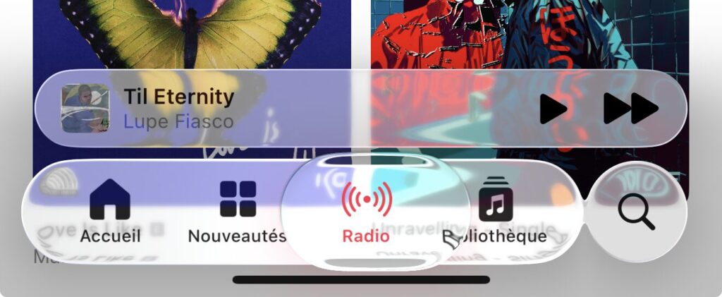 La barre flottante d'Apple Music, en Liquid Glass, dans la bêta publique 1. La barre flottante d'Apple Music, en Liquid Glass, dans la bêta publique 1.