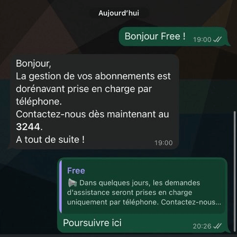 La réponse automatique envoyée par le service client WhatsApp de Free. La réponse automatique envoyée par le service client WhatsApp de Free.