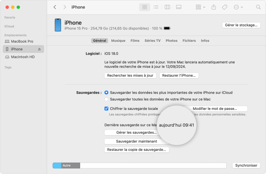 La gestion d'un iPhone depuis le Finder sur macOS. La gestion d'un iPhone depuis le Finder sur macOS.