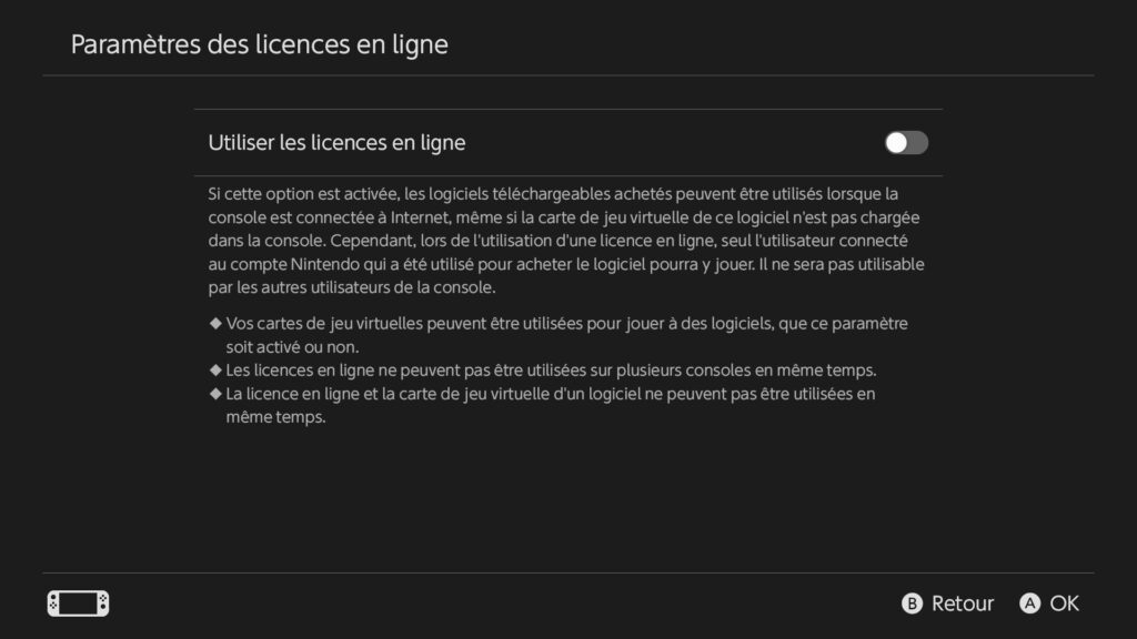 Cette option permet de jouer à un jeu sans carte virtuelle, mais il faut être connecté au compte Nintendo qui a acheté le jeu et ne jouer que sur une seule console. Cette option permet de jouer à un jeu sans carte virtuelle, mais il faut être connecté au compte Nintendo qui a acheté le jeu et ne jouer que sur une seule console.