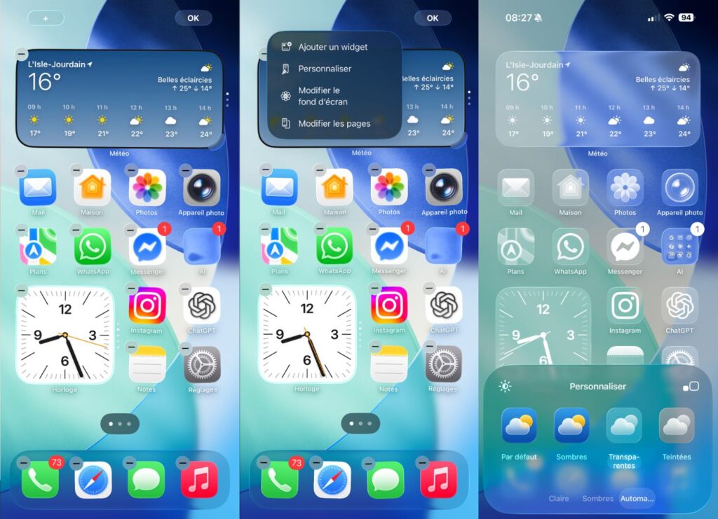 L'activation des icônes transparentes dans iOS 26. L'activation des icônes transparentes dans iOS 26.
