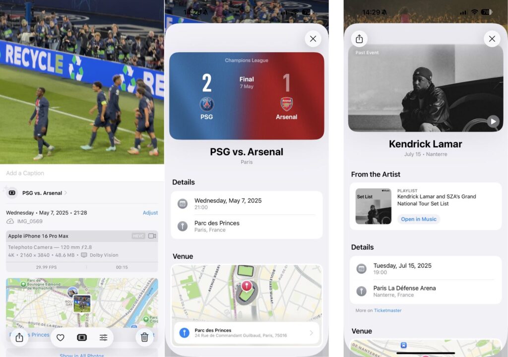 Dans iOS 26, les événements détectés par Apple sont marqués sous les photos. Dans iOS 26, les événements détectés par Apple sont marqués sous les photos.