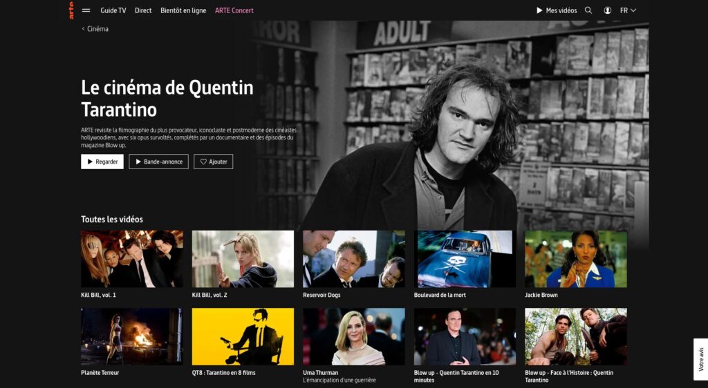 La collection « Le cinéma de Quentin Tarantino » sur Arte.tv // Source : Capture Numerama
